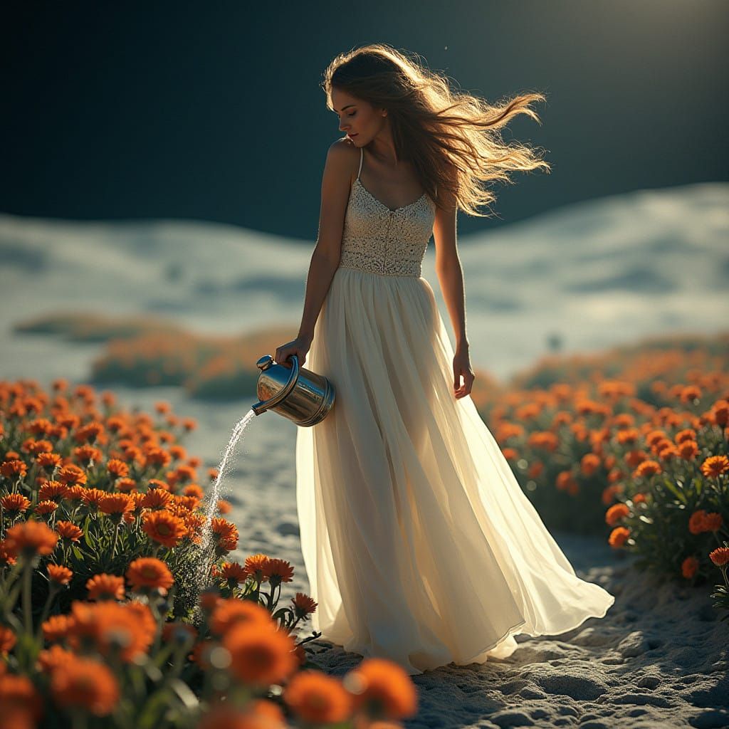 Ethereal Woman on the Lunar Surface, Tending Exotic Flowers ...