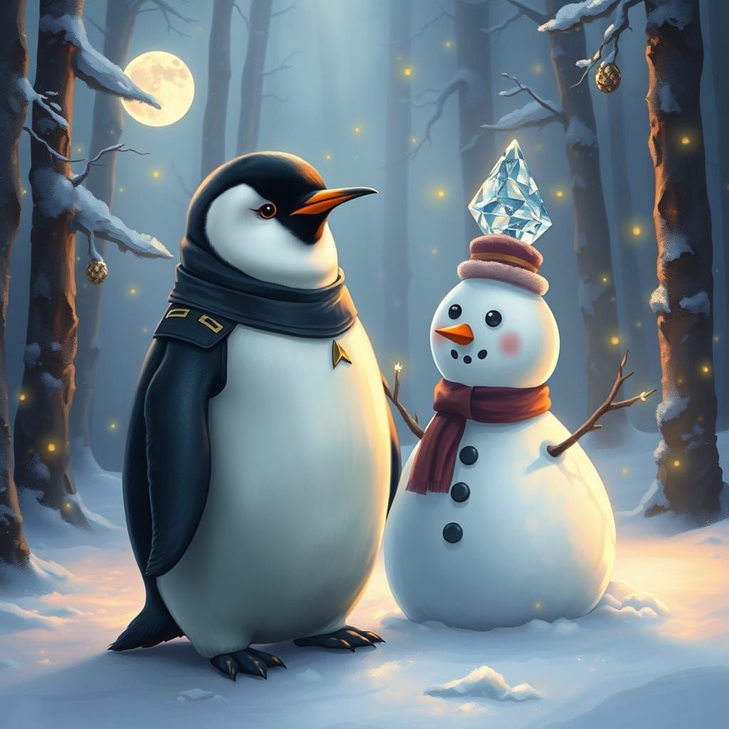 Whimsical Starfleet Penguin in Mystical Forest, Enchanted Wo...