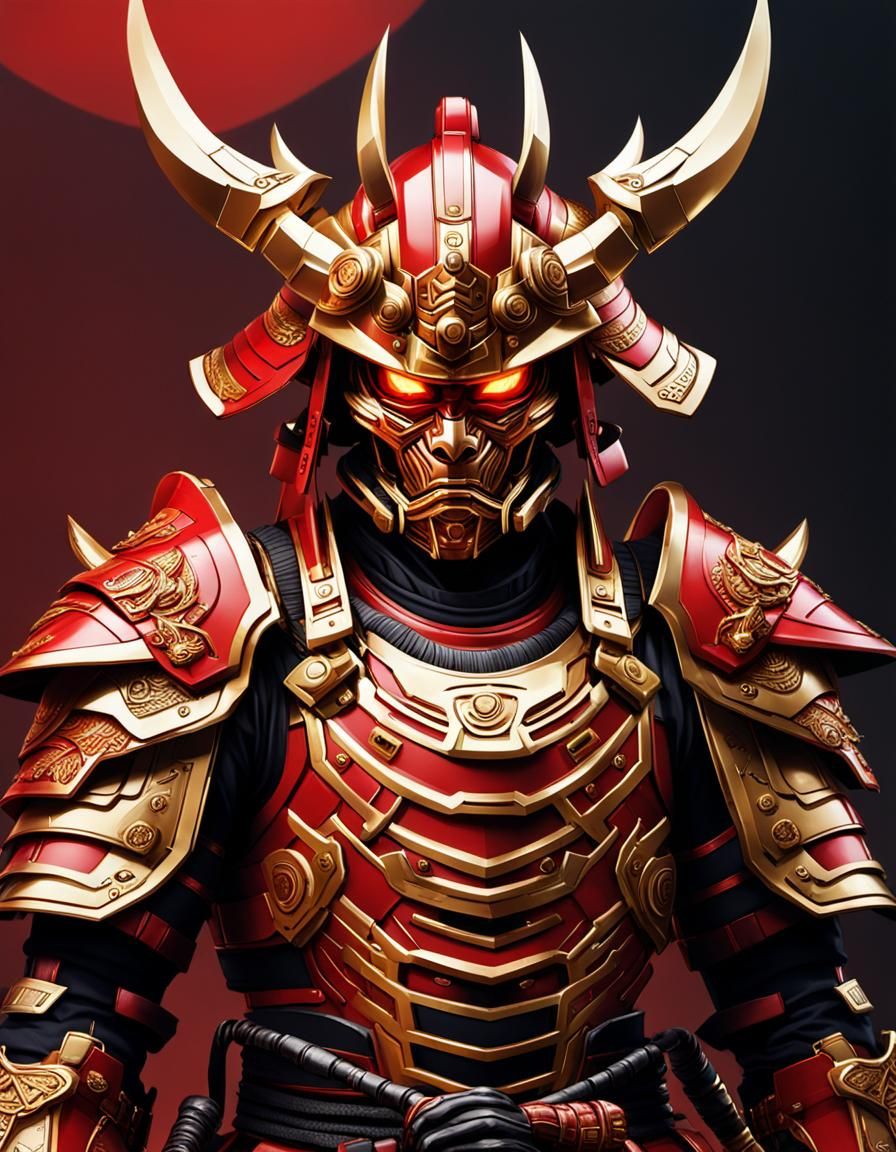 Futuristic Oni Samurai in Red and Gold Armor