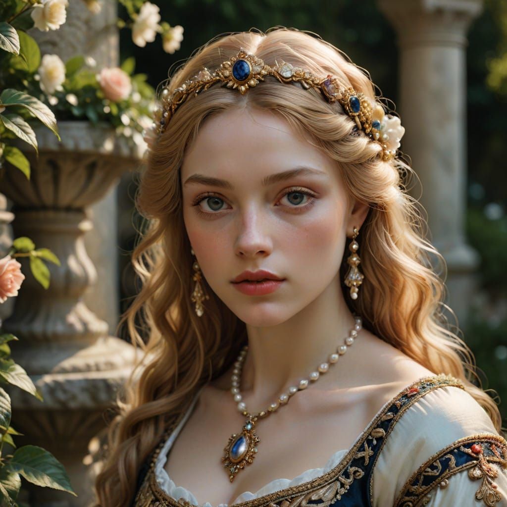 Elegant Renaissance Woman in a Lush Medieval Garden