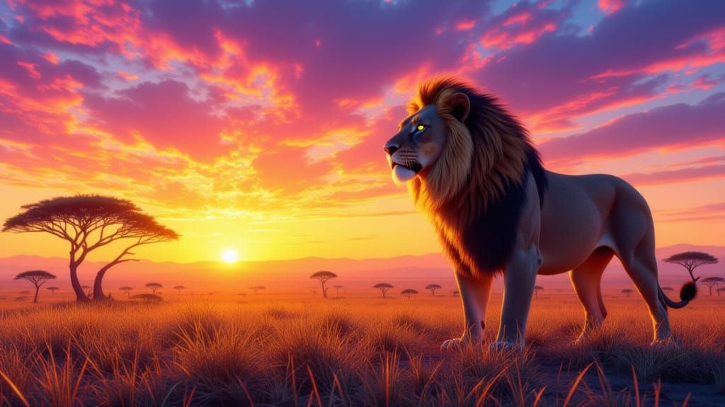 Majestic Lion Listening to Drum Rhythms in Savanna Sunset