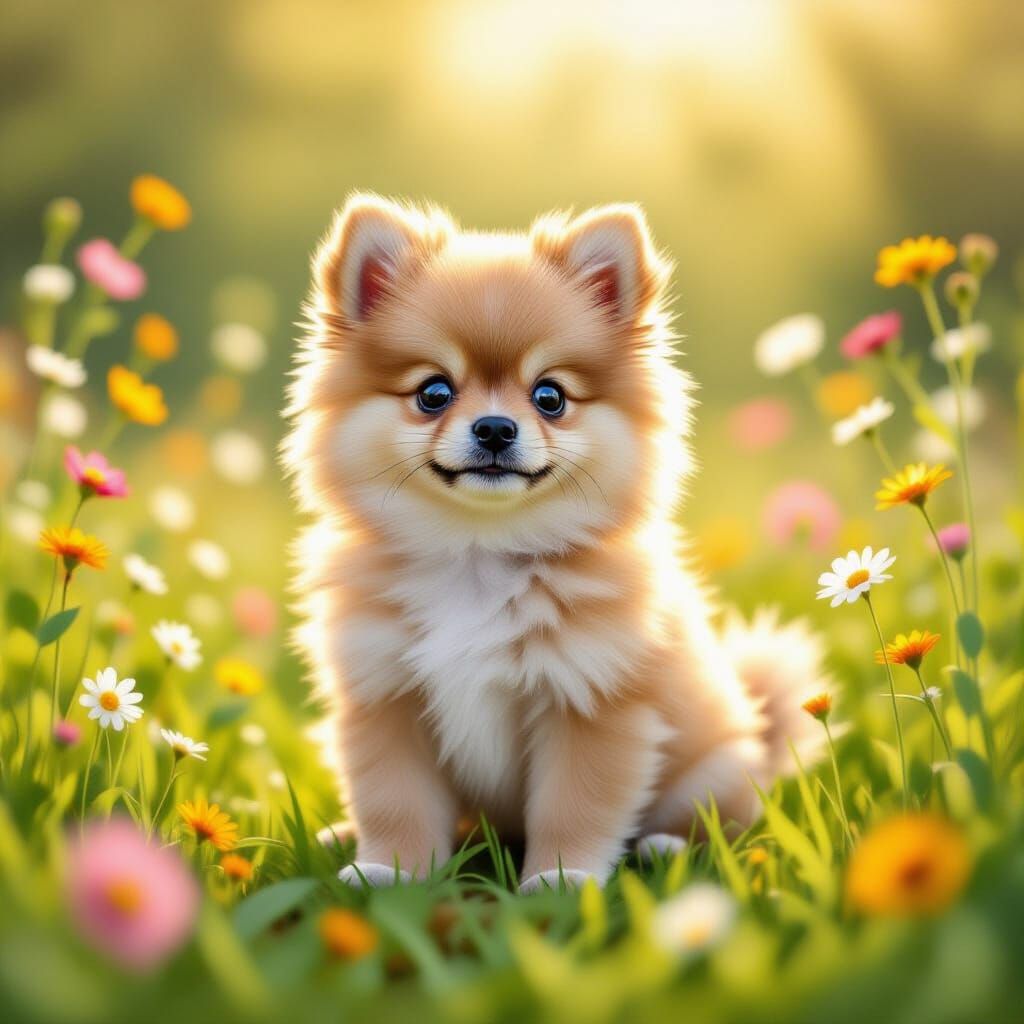 Fluffy Pomeranian Puppy in Enchanting Meadow