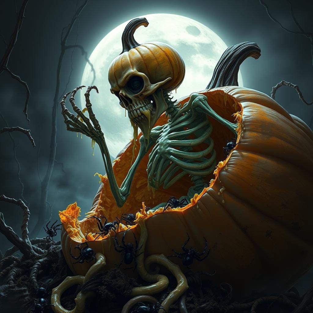 Grotesque Pumpkin Skeleton Emerges in Photorealistic Horror