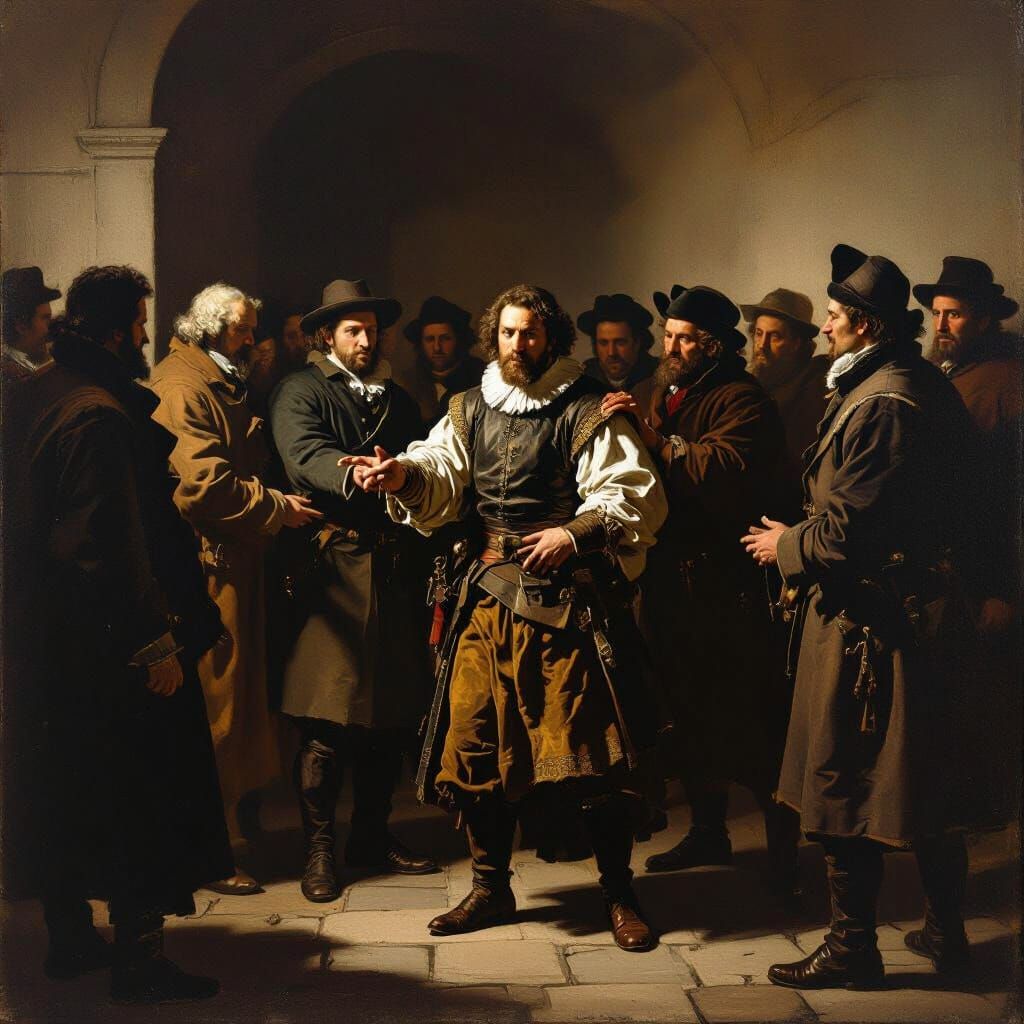 Historical Arrest Illustration in Chiaroscuro Style