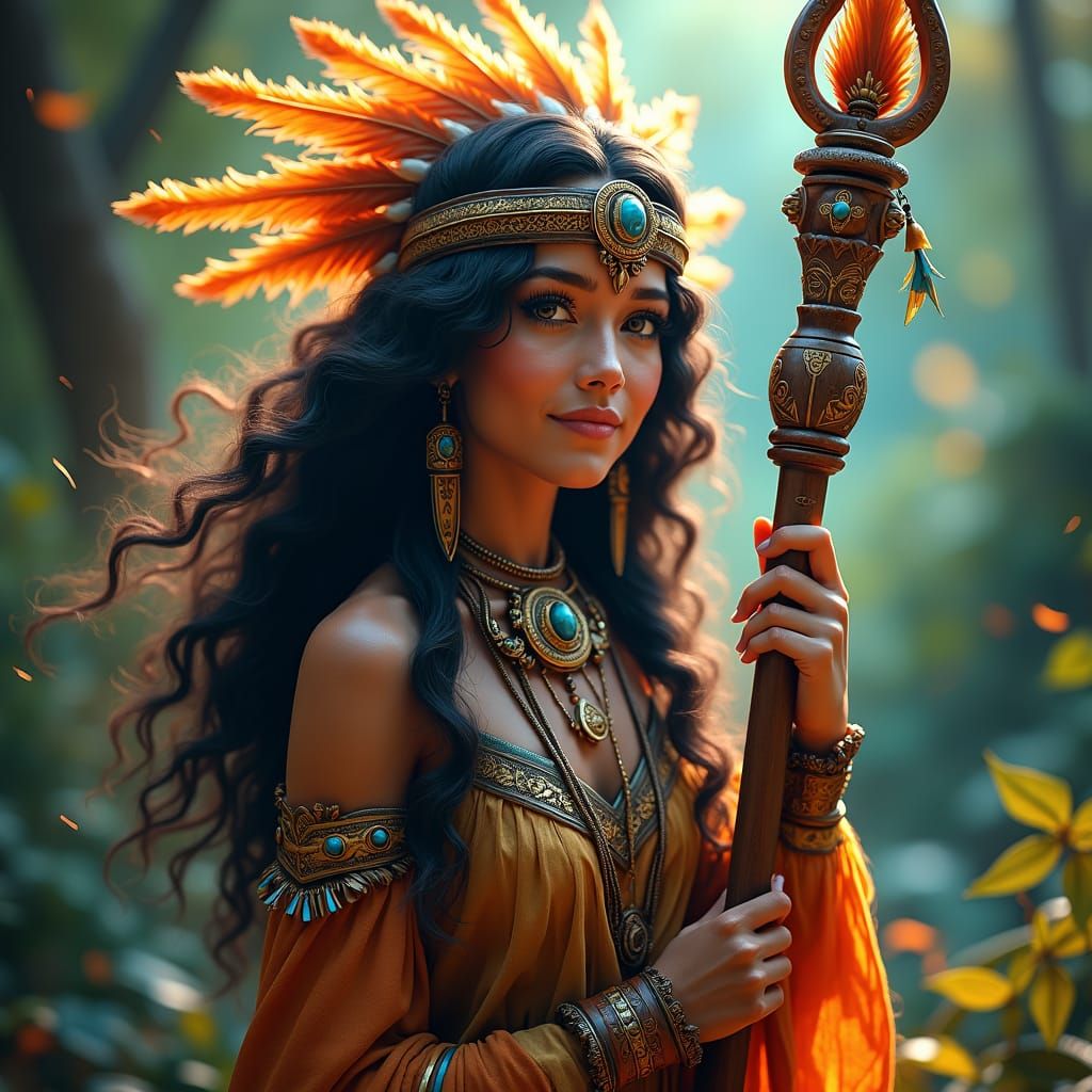 Indigenous Woman with Staff in Dreamlike Fantasy Art
