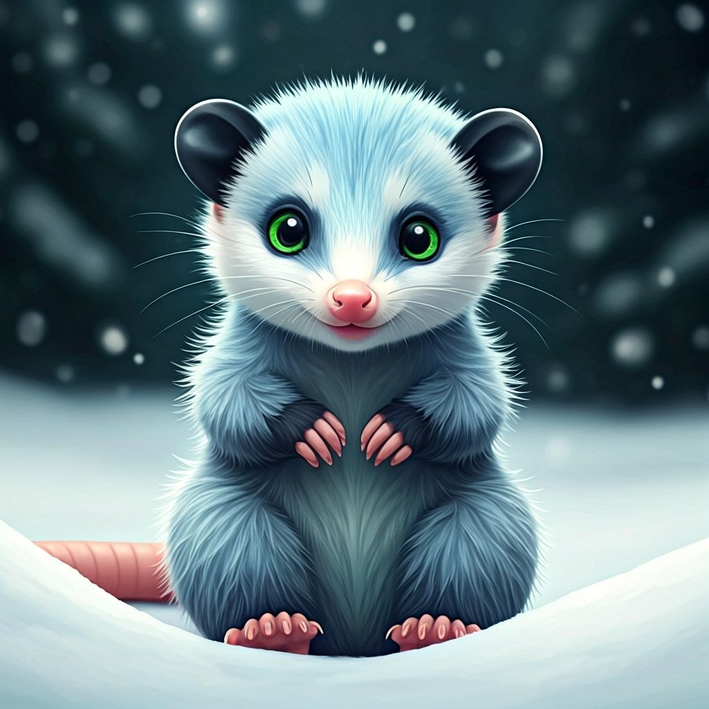 Tinsel the Christmas Opossum in Snowy Forest