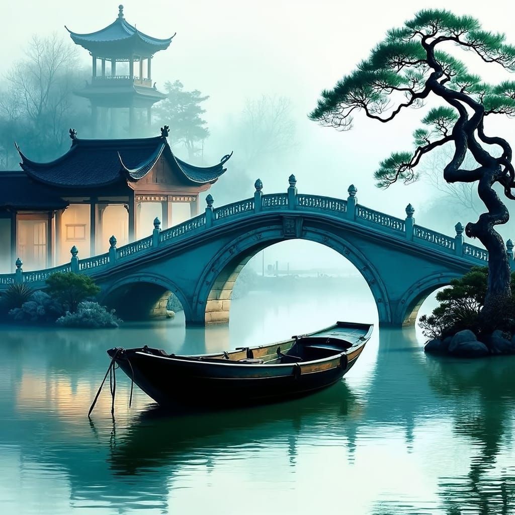 Japanese Garden Scene with Traditional Bridge and Old Fishin...