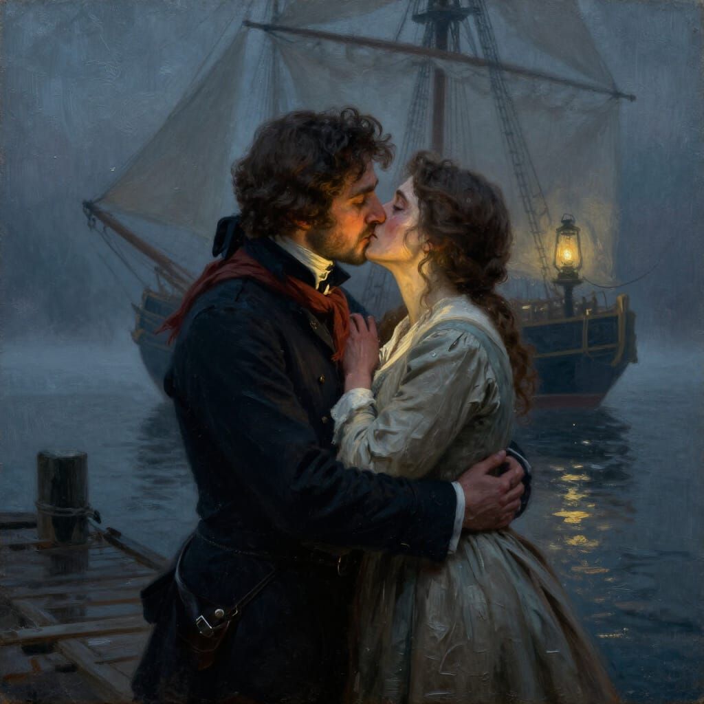 Sailor's Farewell Oil Painting in Foggy Docks