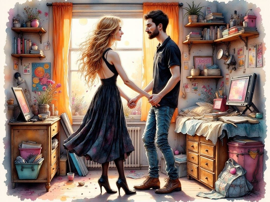 Dance in Dorm Room in Colored Ink Style