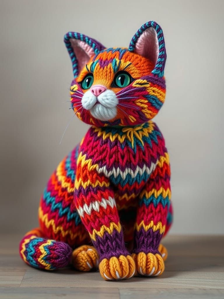 Colorful Knitted Yarn Cat in Hyperrealistic Detail