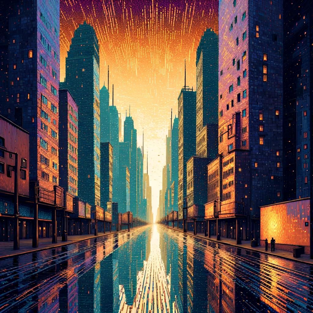 Vibrant Glitch Art Binary Cityscape