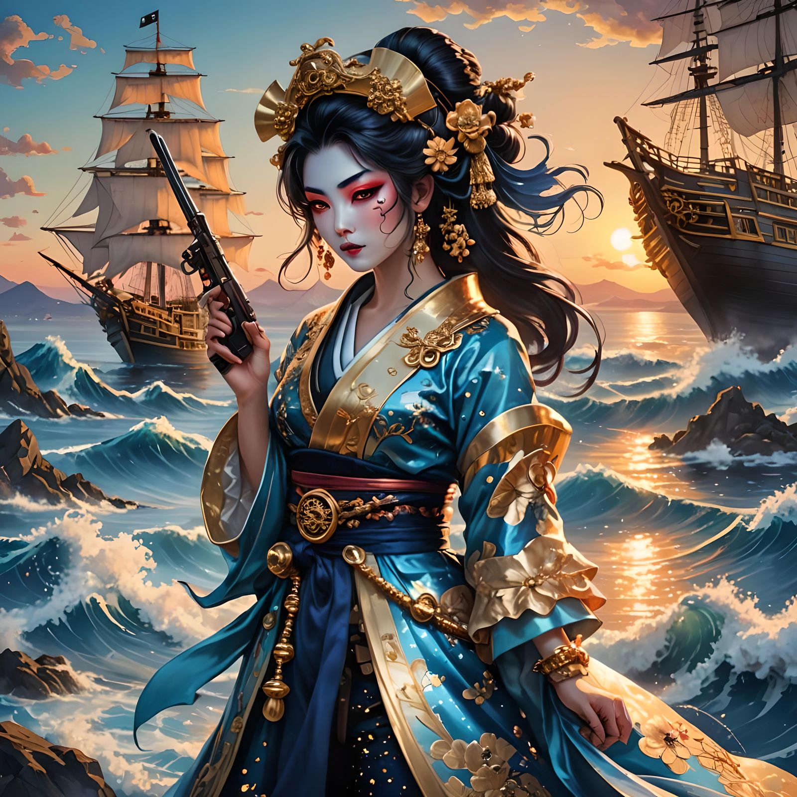 Pirate Geisha at Sunset on Crystal Blue Sea