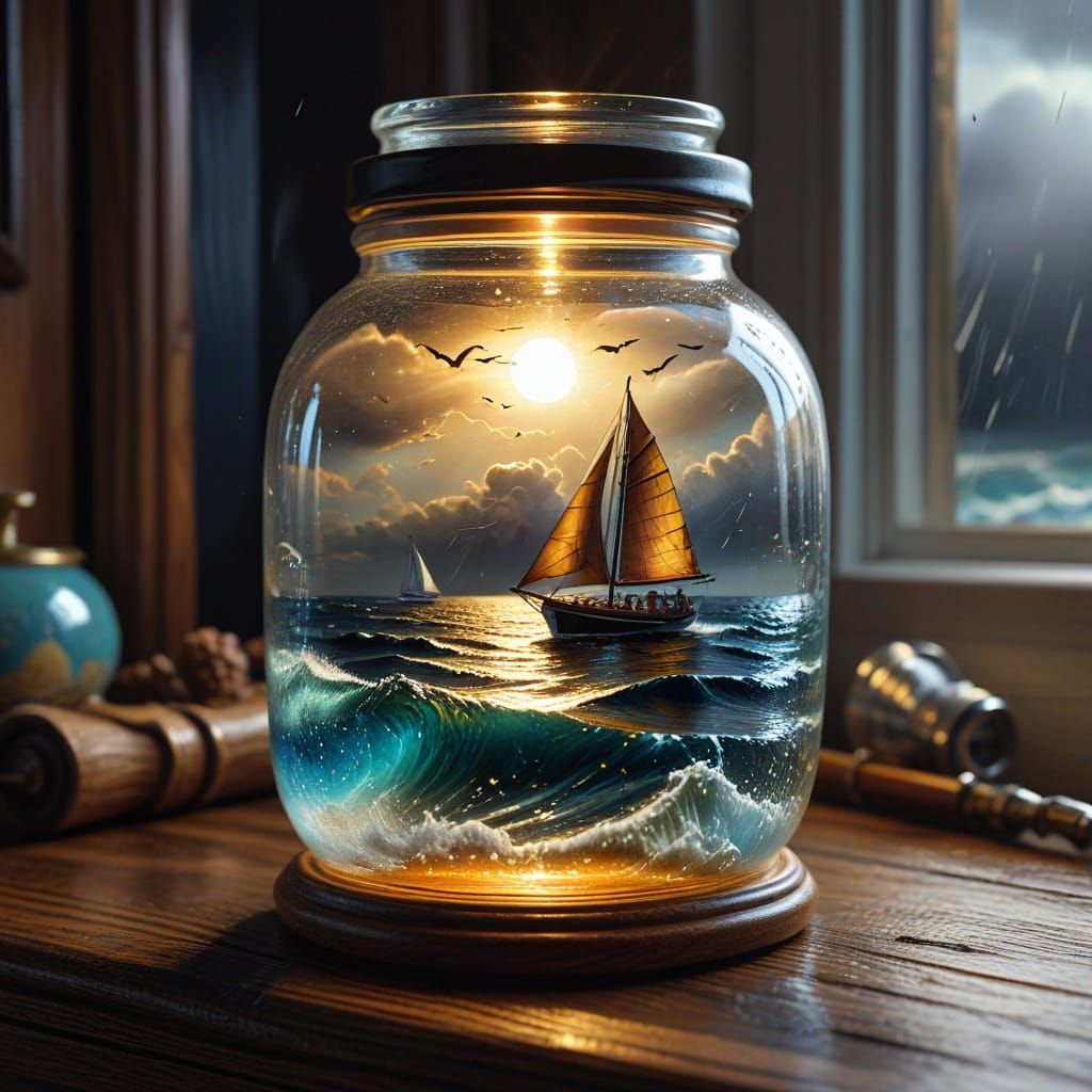 Miniature Seascape in Antique Jar, Vibrant Oil Painting