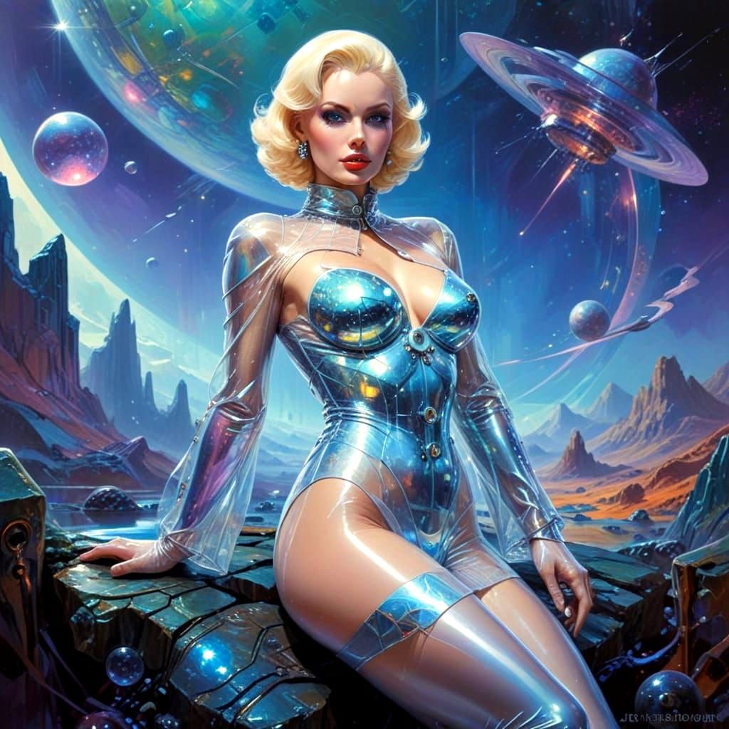 Glamorous Retro-Futuristic Alien Goddess in Iridescent Latex