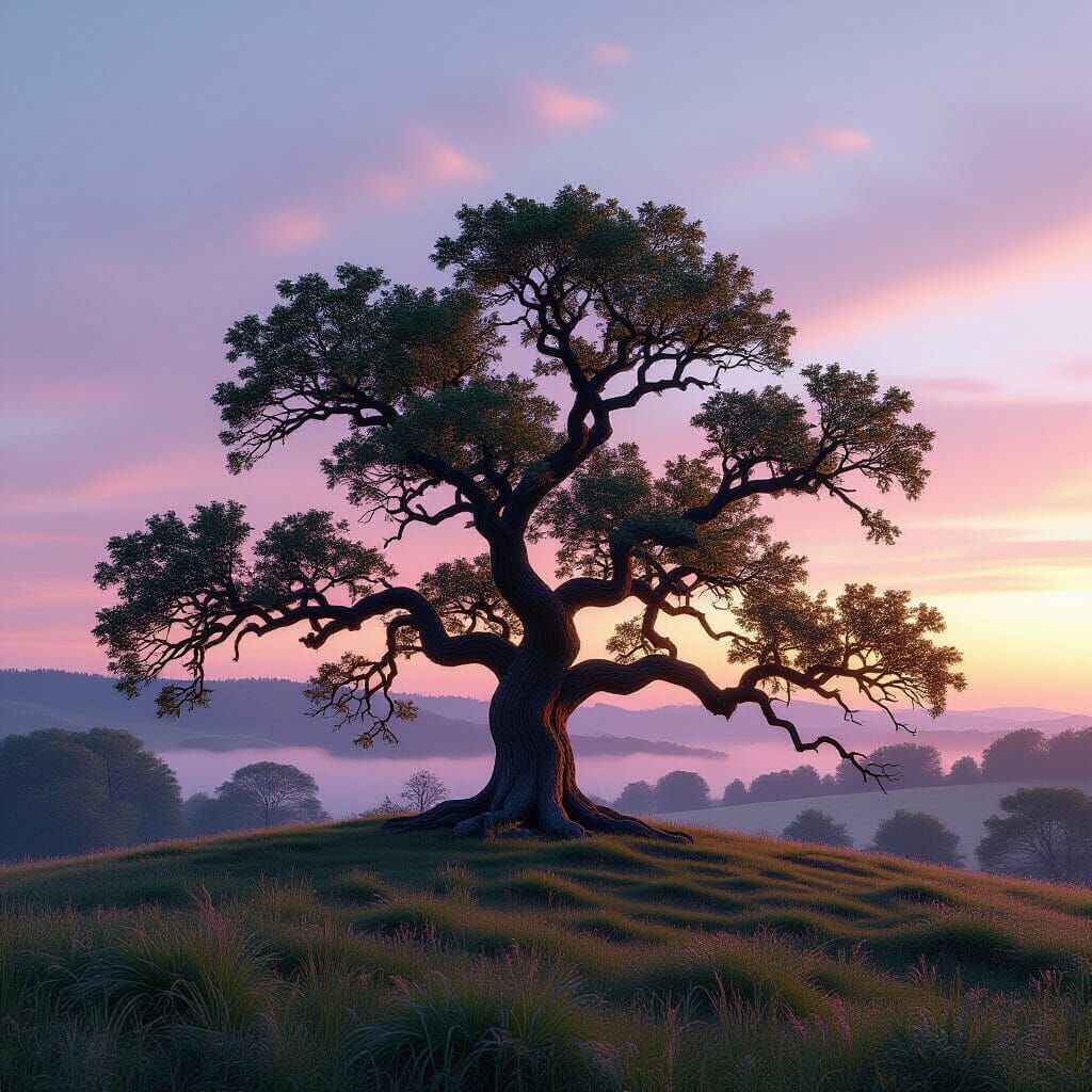 Ancient Oak Tree at Dawn in Ethereal Light