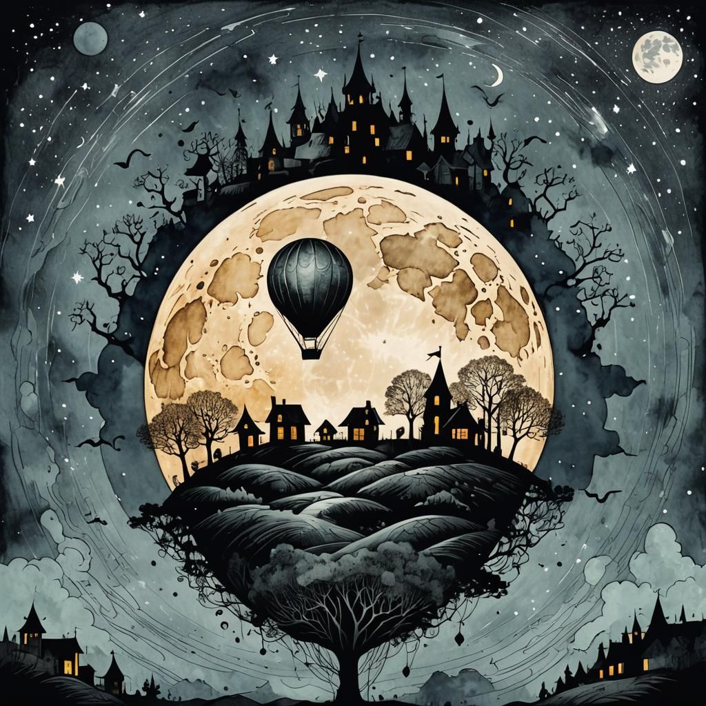 Gothic Folk Art: Moon Balloon Over Village