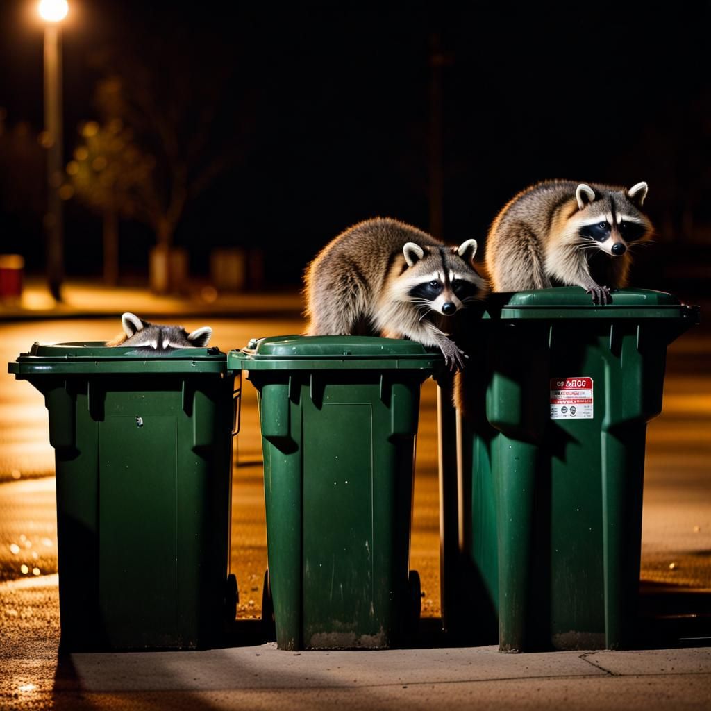 Raccoons Raiding Garbage Bins: Night Photography