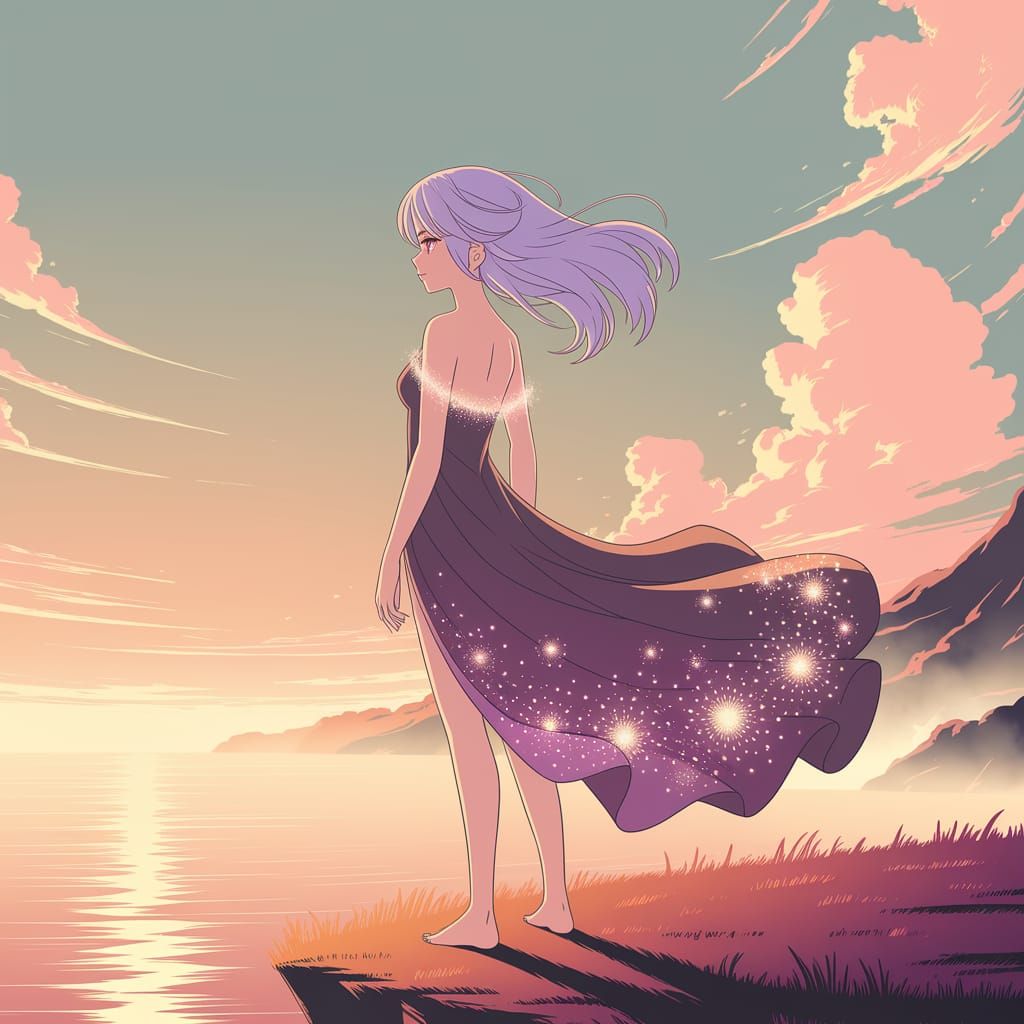 Ethereal Anime Goddess in Golden Landscape