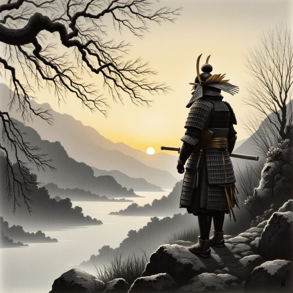 Samurai Silhouette on Windswept Pass: Japanese Art Style
