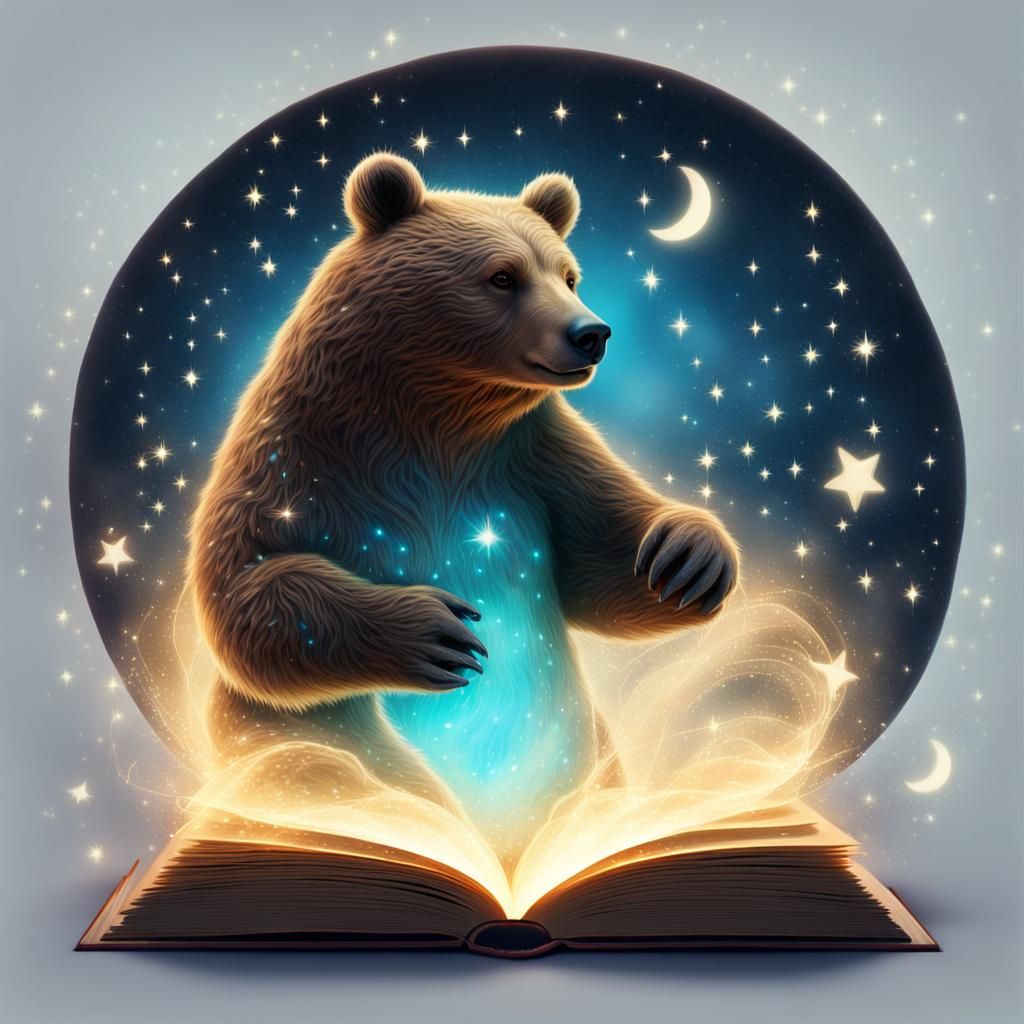 Bioluminescent Bear Emerges from Book in Fantasy Art