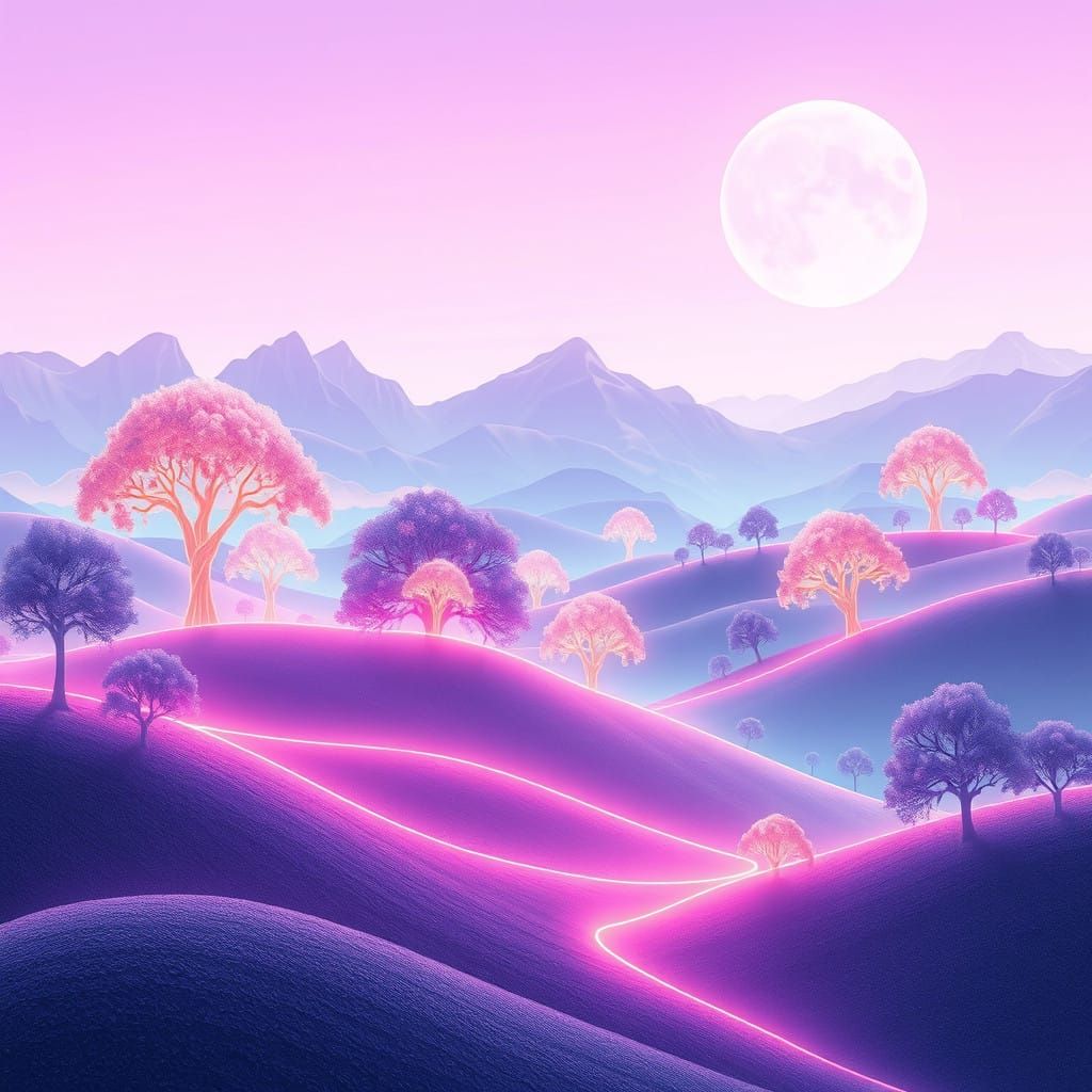 Dreamlike Futuristic Landscape with Neon Lines and Gradient....