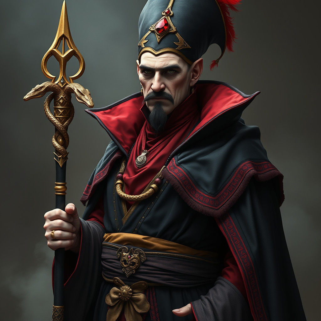 Mystical Man with Cobra Staff in Dark Fantasy Style