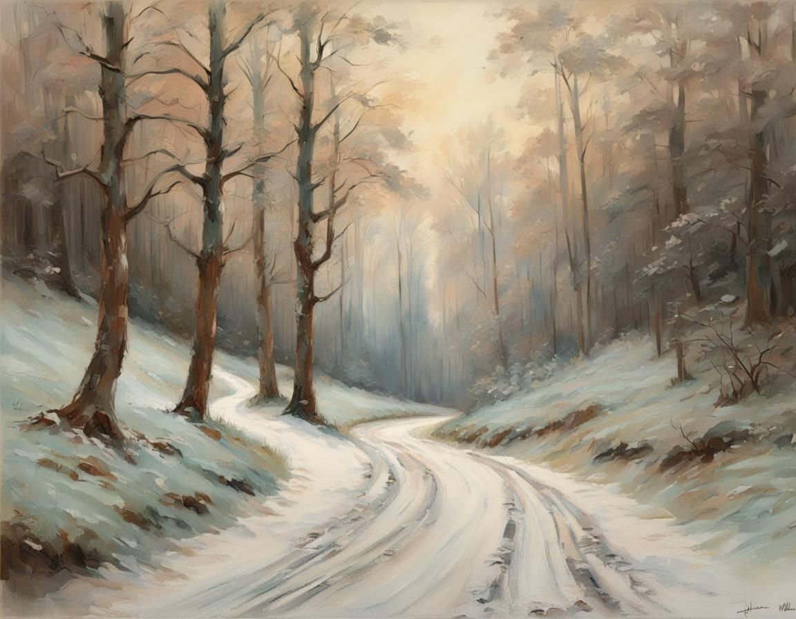 Winter Road Through Forest in Pre-Raphaelite Style