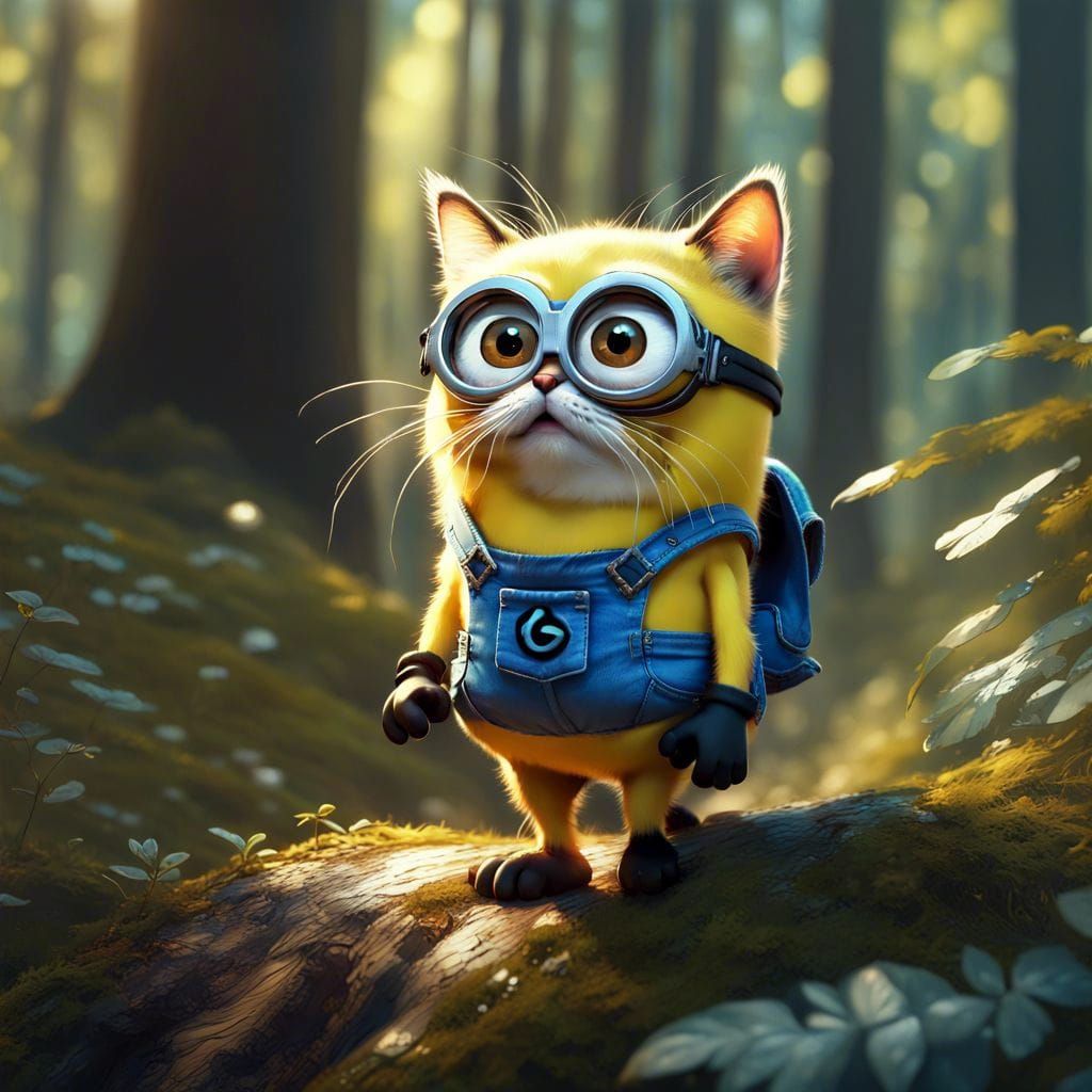 Adorable Minion Kitten in Detailed Forest Painting