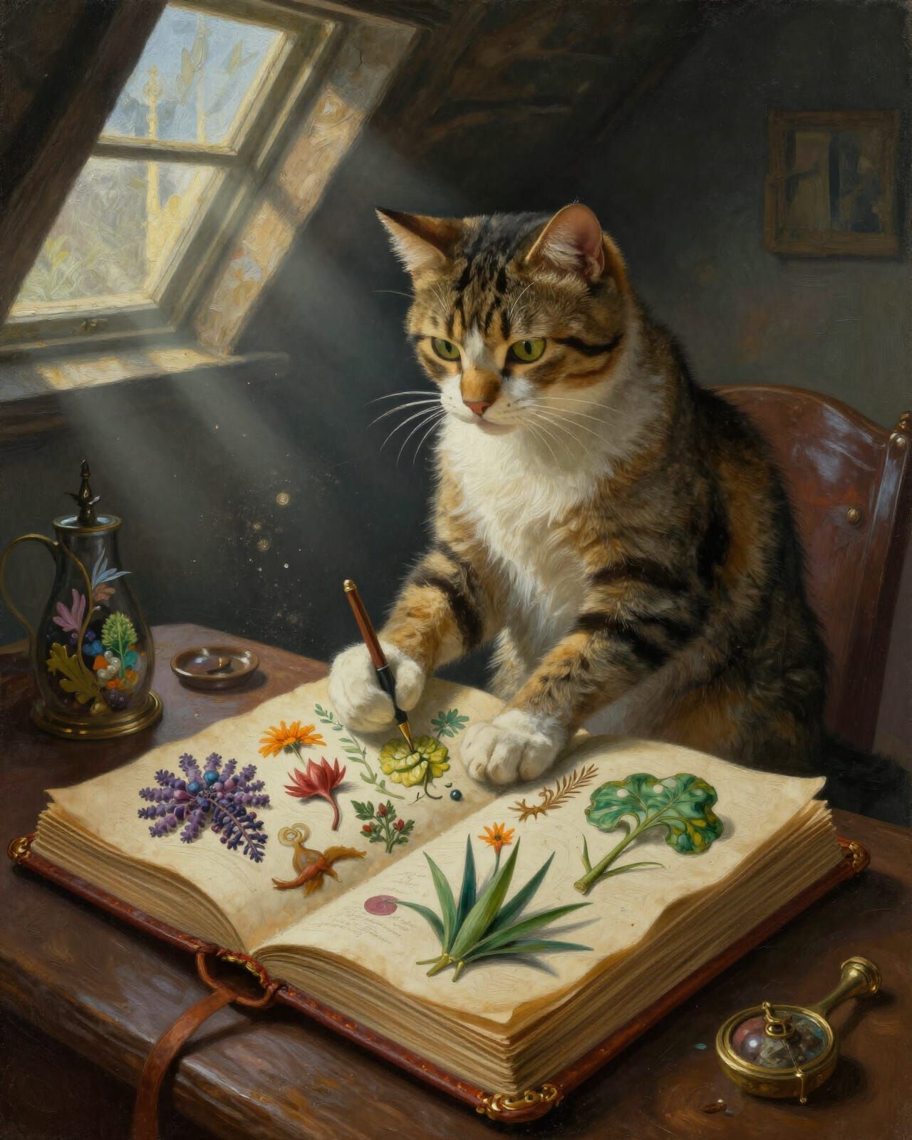 Anthropomorphic Cat Arranges Alien Plants in Grimoire