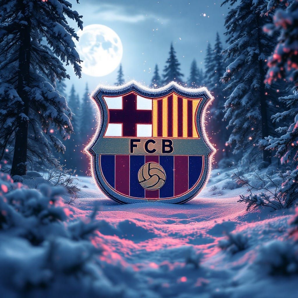FC Barcelona Logo in Winter Forest, Dreamlike Concept Art