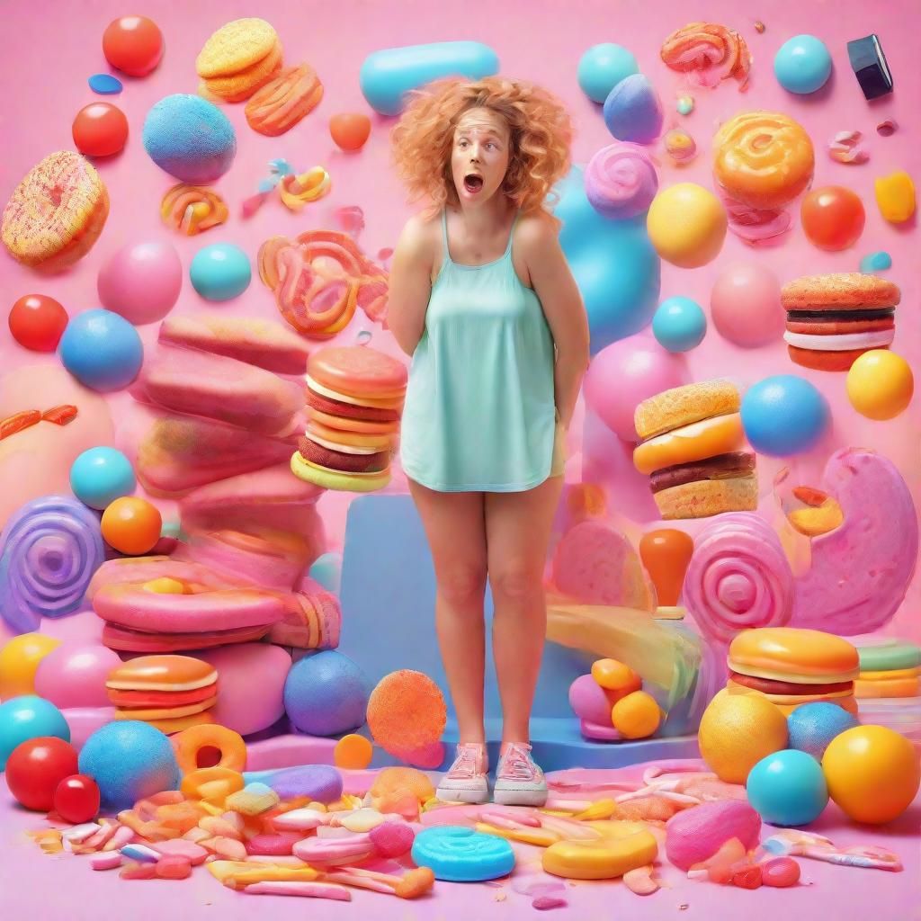 Humorous Illustration of Woman Dieting with Junk Food