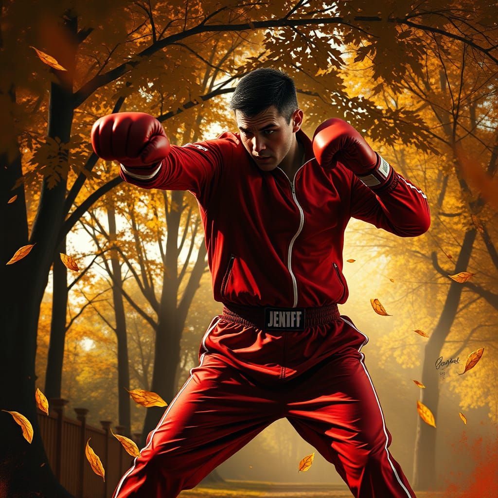 Boxer Spars in Autumn Park with Dramatic Lighting