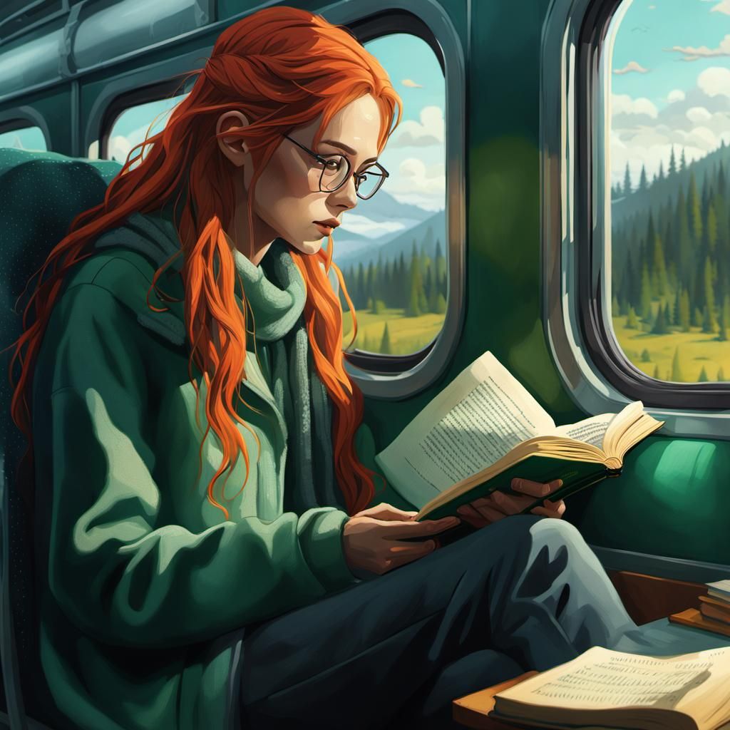 Woman Reading on Train in Fantasy Art Style