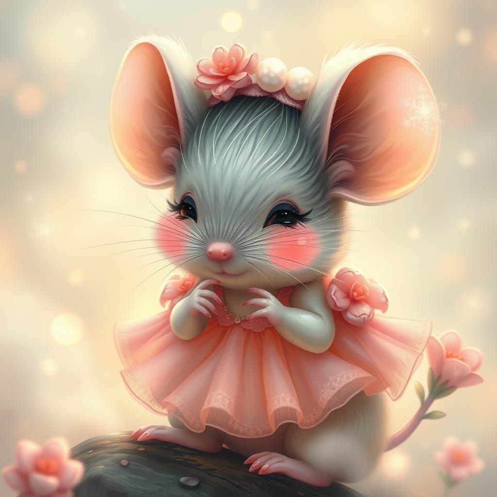 Blushing Mouse in Kawaii Art Style with Ethereal Mist