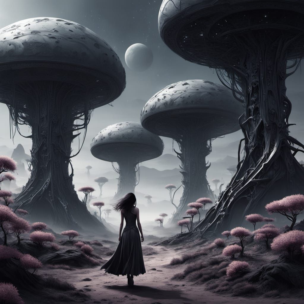 Metallic Woman in Biomechanical Alien Landscape