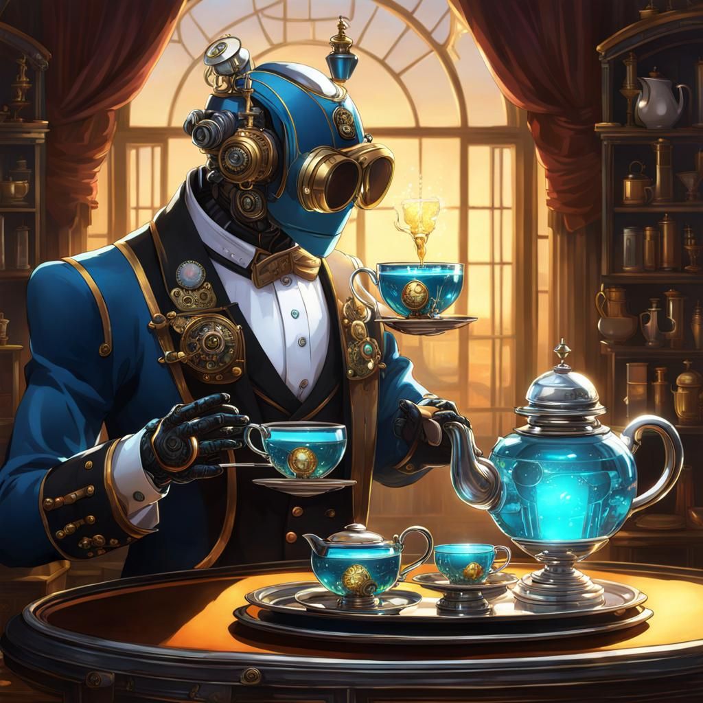 Steampunk Robotic Butler Serving Tea: Hyperrealistic Concept...
