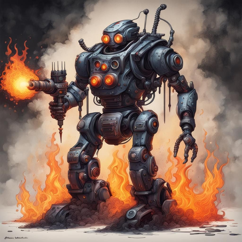 Flamethrower Robot in Gothic Art Style