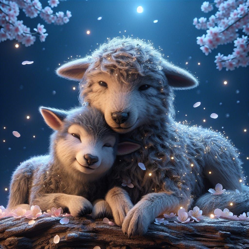 Cute Baby Sheep and Wolf Hugging in Digital Art