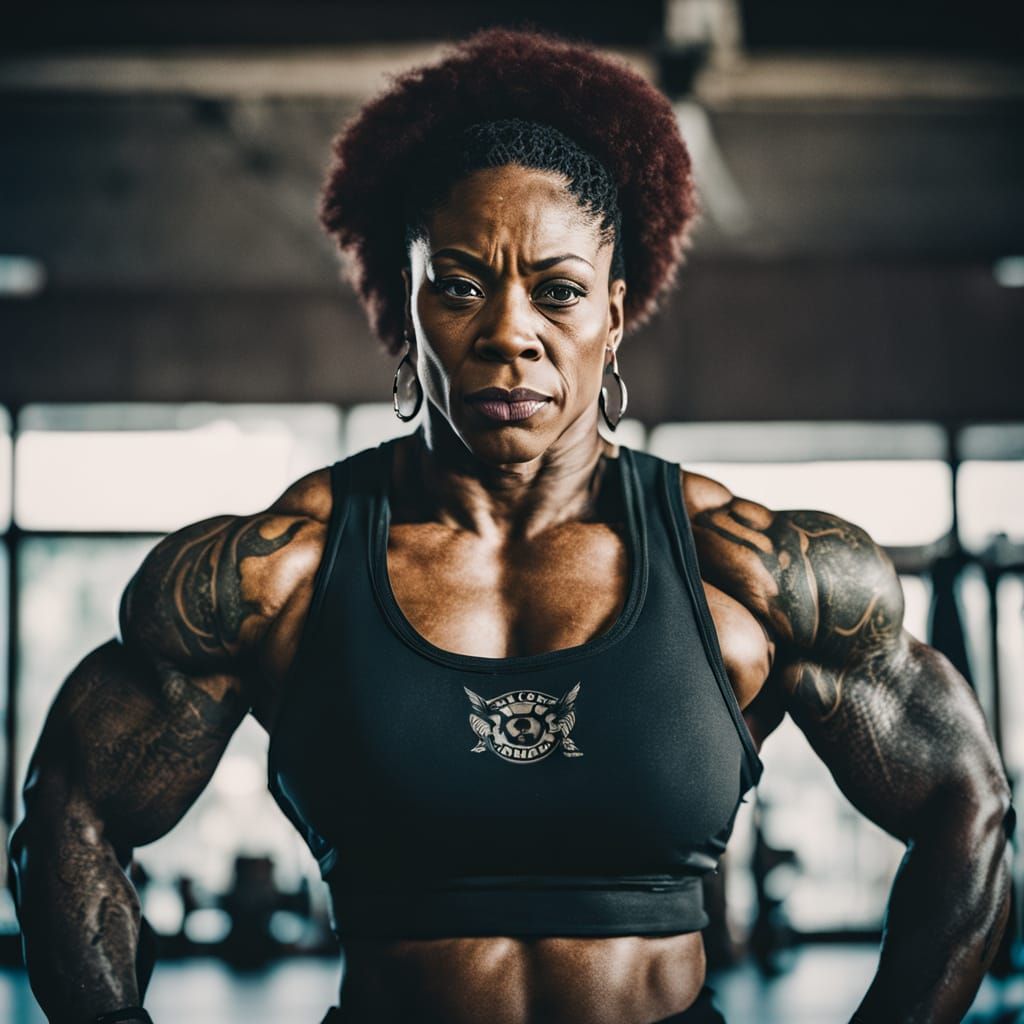Strong Black Female Bodybuilder in Cinematic Film Style