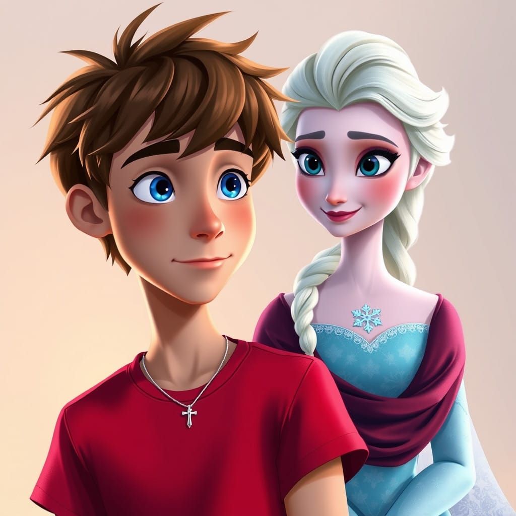 Pixar-Inspired Digital Painting of Boy and Queen Elsa