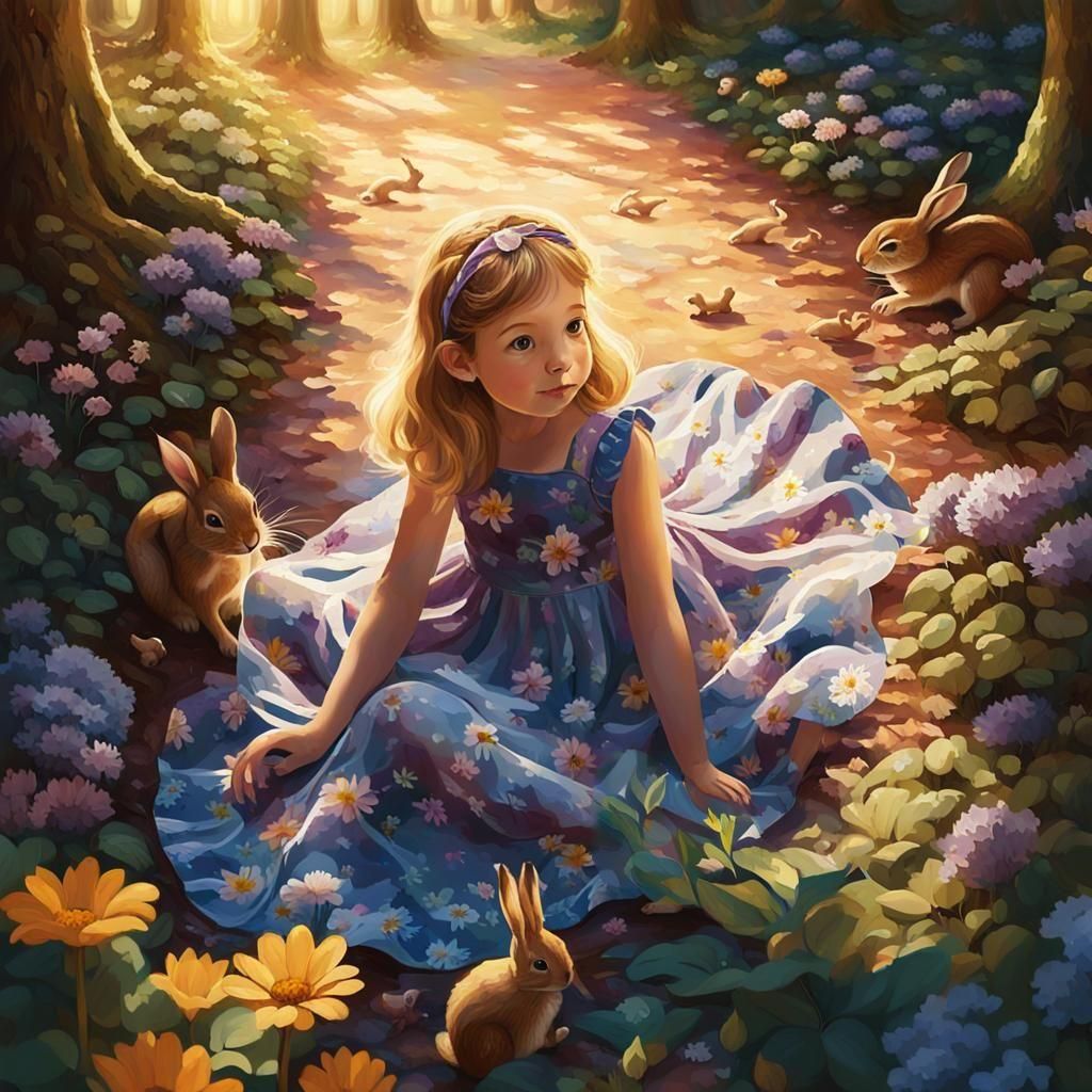 Sunlit Forest: Elegant Girl's Playful Oil Painting