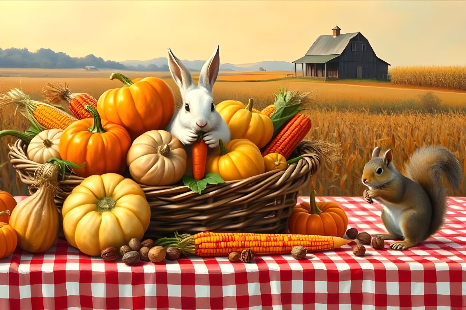 Abundant Harvest Basket with Animals in Golden Hour