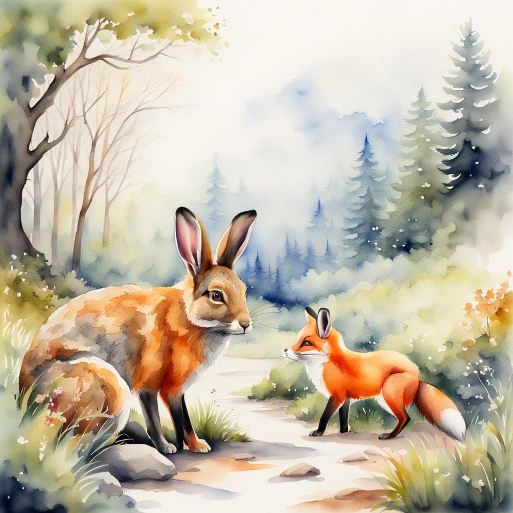 Watercolor Rabbit and Fox Detailed Painting