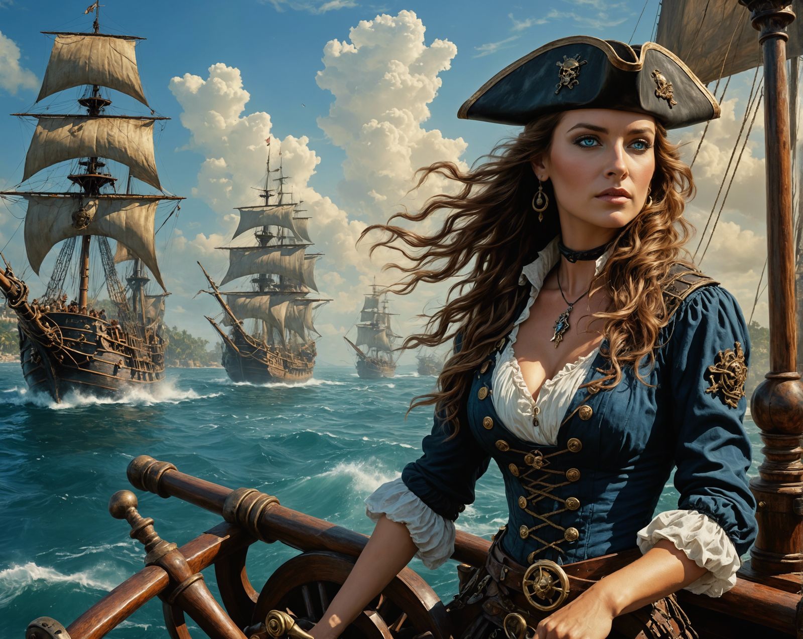 female pirate at the helm