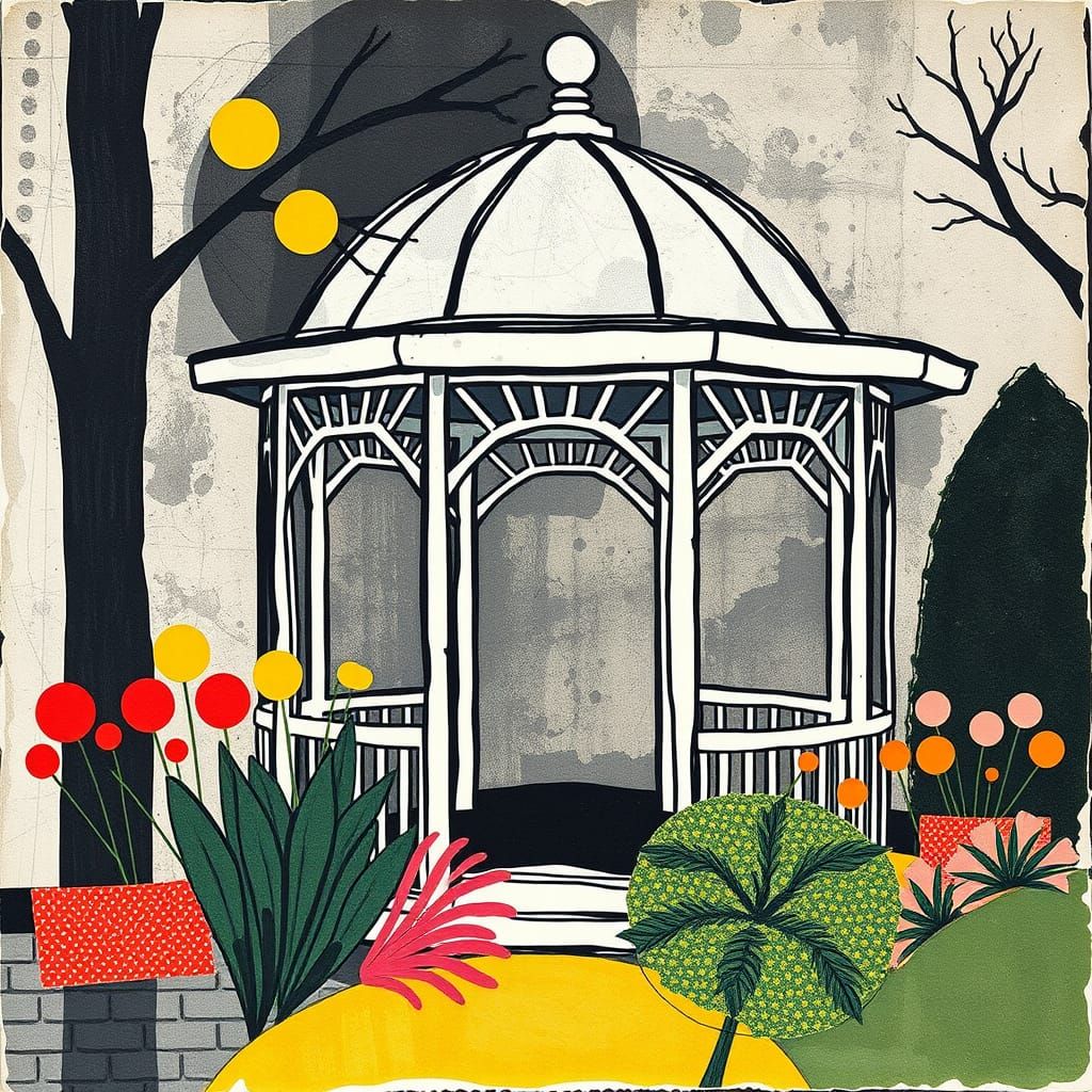 Abstract Constructivist Gazebo Collage in Moody Dark Colors