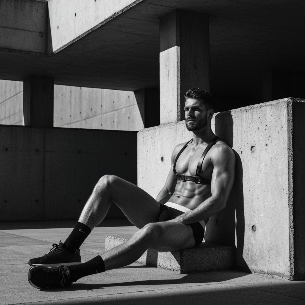 Moody Black and White Portrait in Brutalist Interior