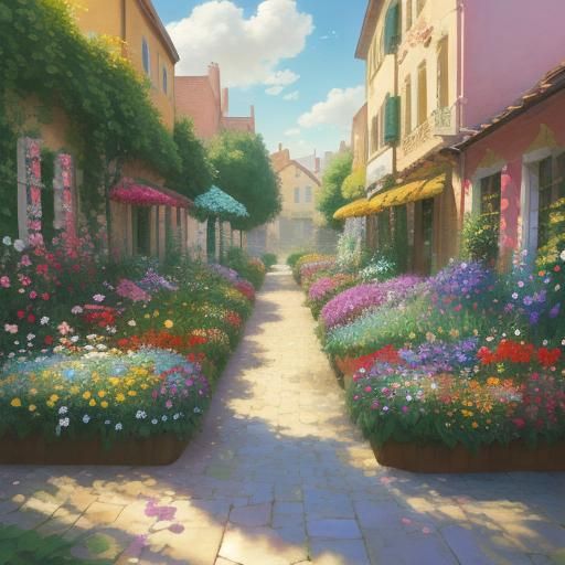 Dog with Flowers in Dreamy Impressionist Street Art