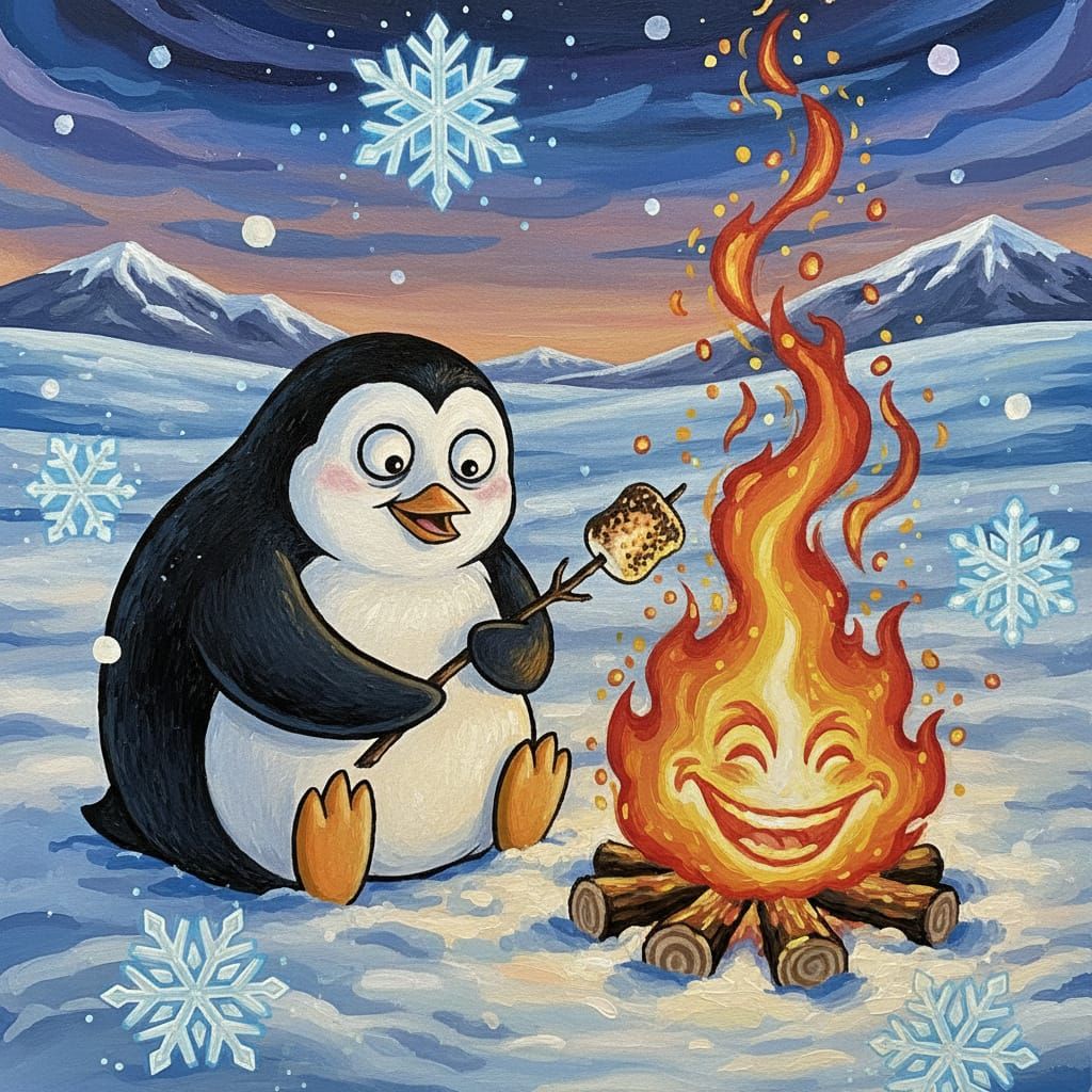 Penguin Toasts Marshmallow by Campfire in Snowy Tundra