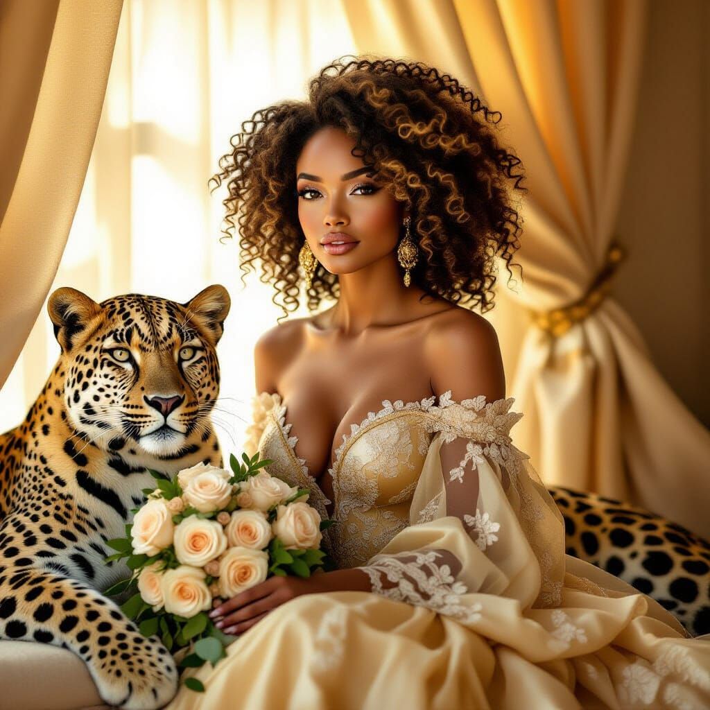 African-American Woman and Leopard in Golden Gown