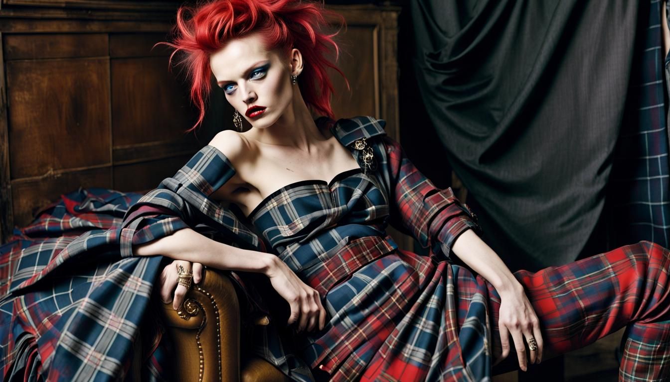 Art by Vivienne Westwood, punk-inspired fashion scene, characters clad in bold, rebellious plaid attire, mixing traditio...